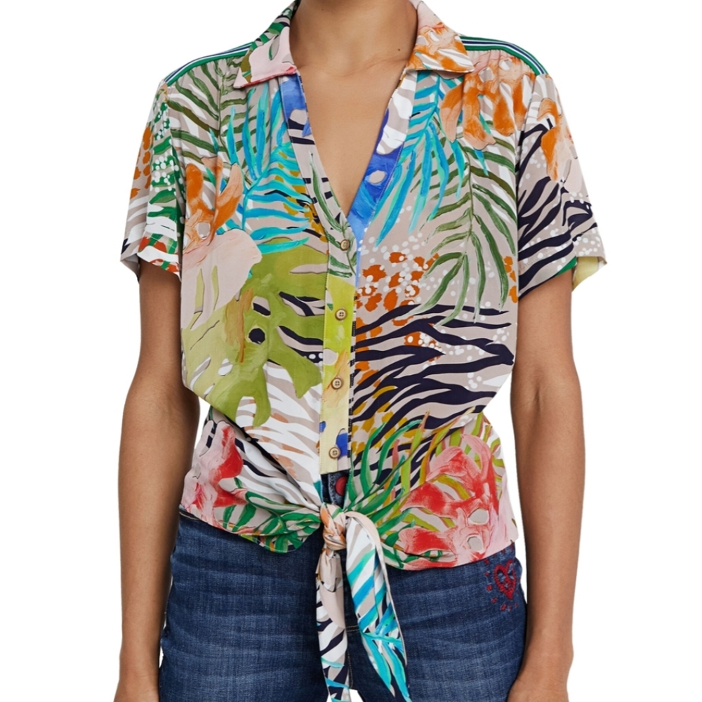 Desigual multicolored Hawaiian Shirt Tropicsl Print Palm Floral Top Tie Bottom